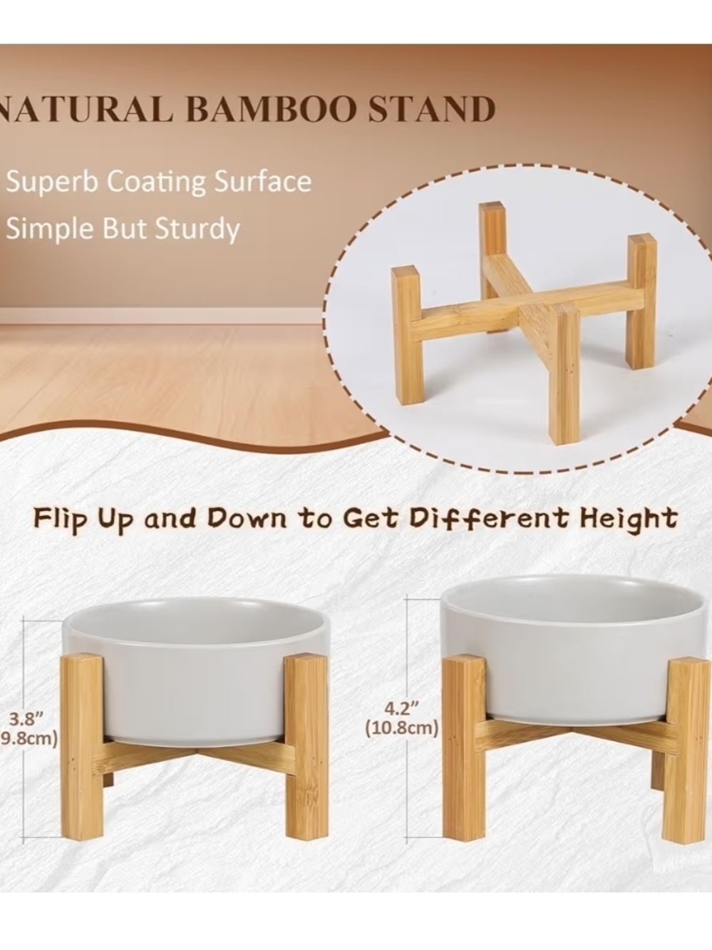 Natural Bamboo Pet Bowl Stand with Ceramic Bowl - Light Wood & White